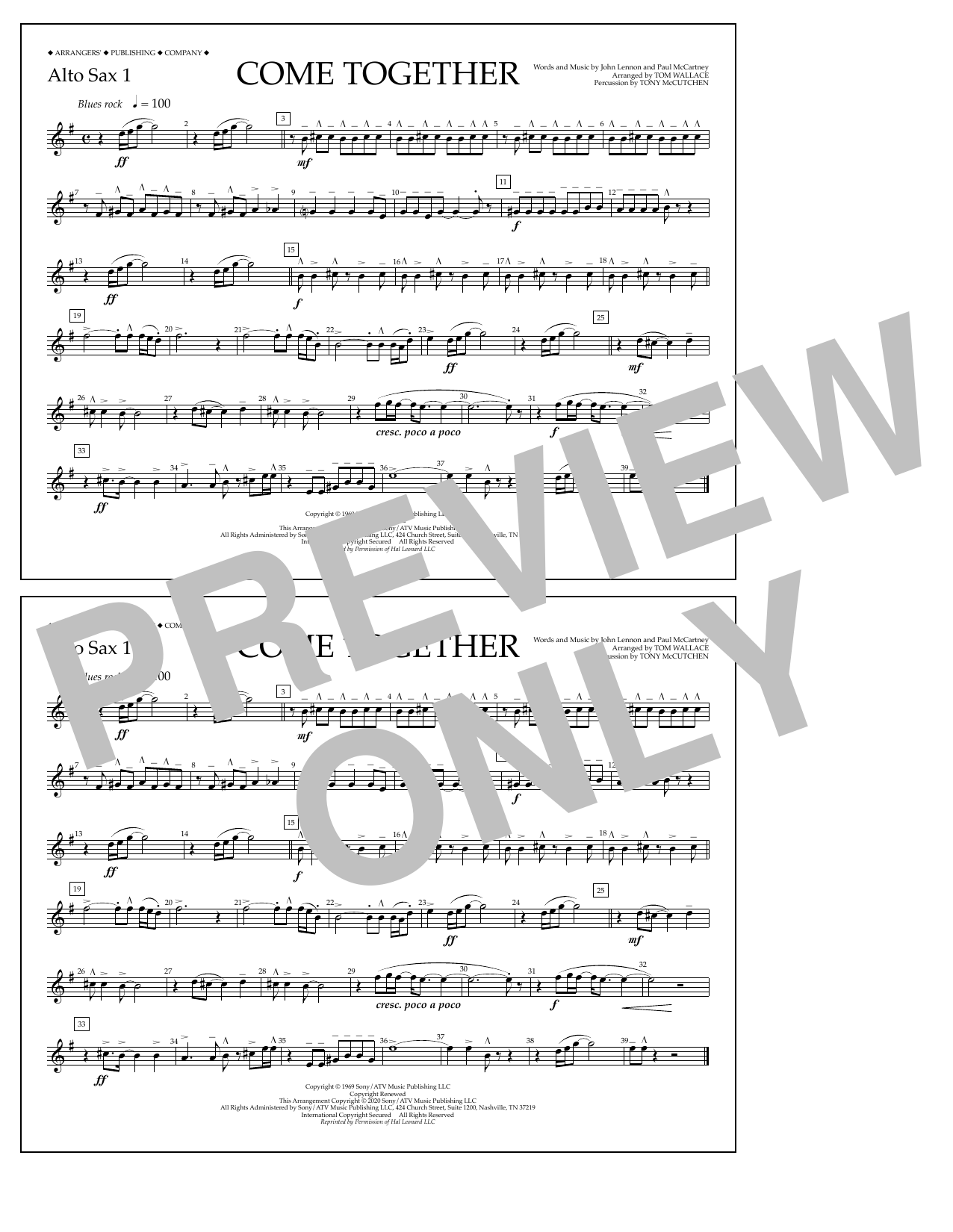 Download The Beatles Come Together (arr. Tom Wallace) - Alto Sax 1 Sheet Music and learn how to play Marching Band PDF digital score in minutes
