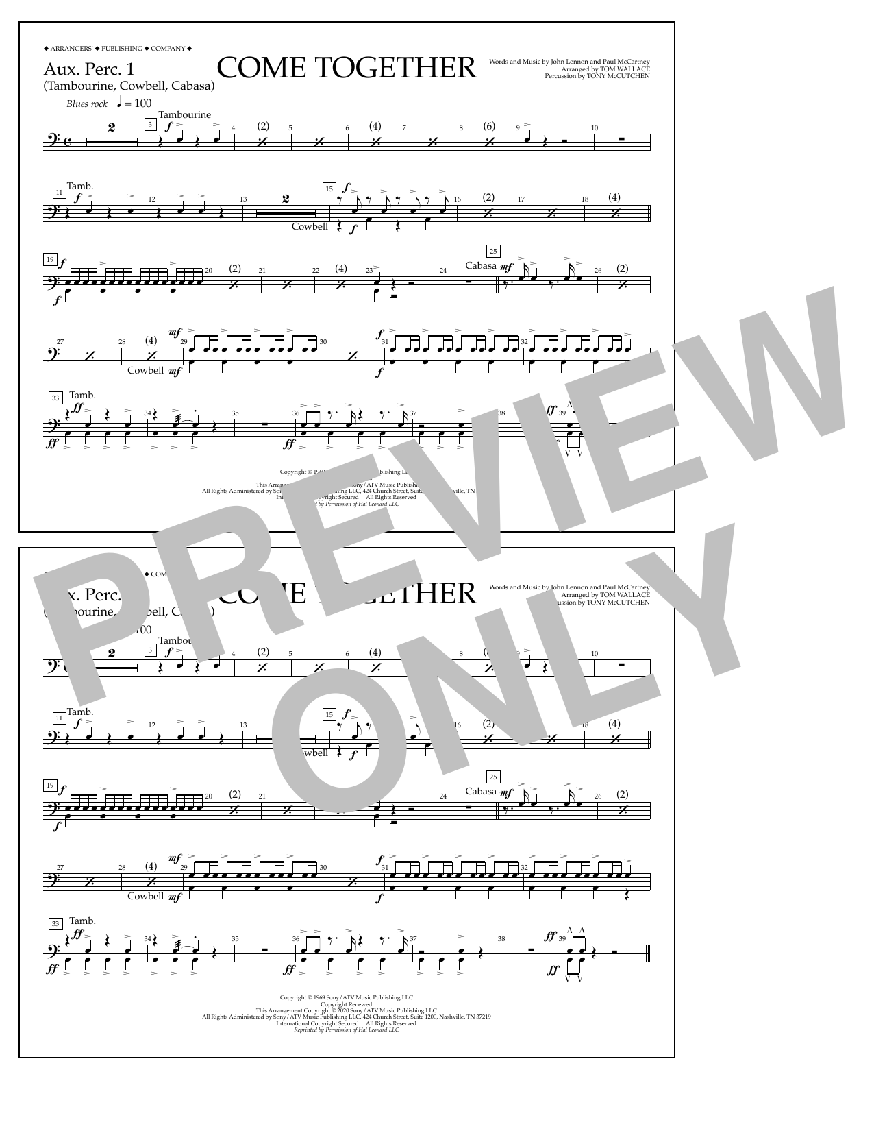 Download The Beatles Come Together (arr. Tom Wallace) - Aux. Perc. 1 Sheet Music and learn how to play Marching Band PDF digital score in minutes