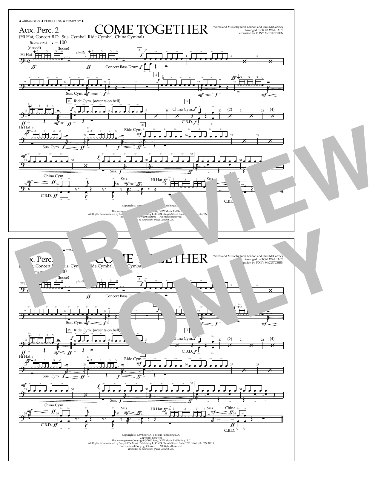 Download The Beatles Come Together (arr. Tom Wallace) - Aux. Perc. 2 Sheet Music and learn how to play Marching Band PDF digital score in minutes