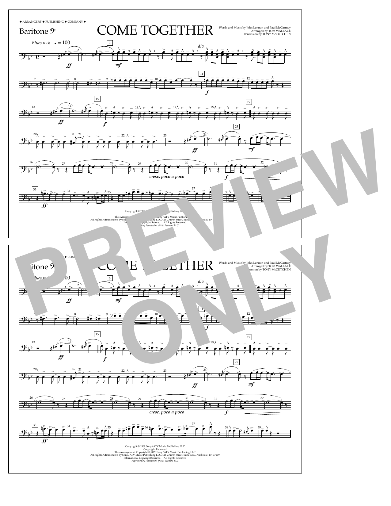 Download The Beatles Come Together (arr. Tom Wallace) - Baritone B.C. Sheet Music and learn how to play Marching Band PDF digital score in minutes
