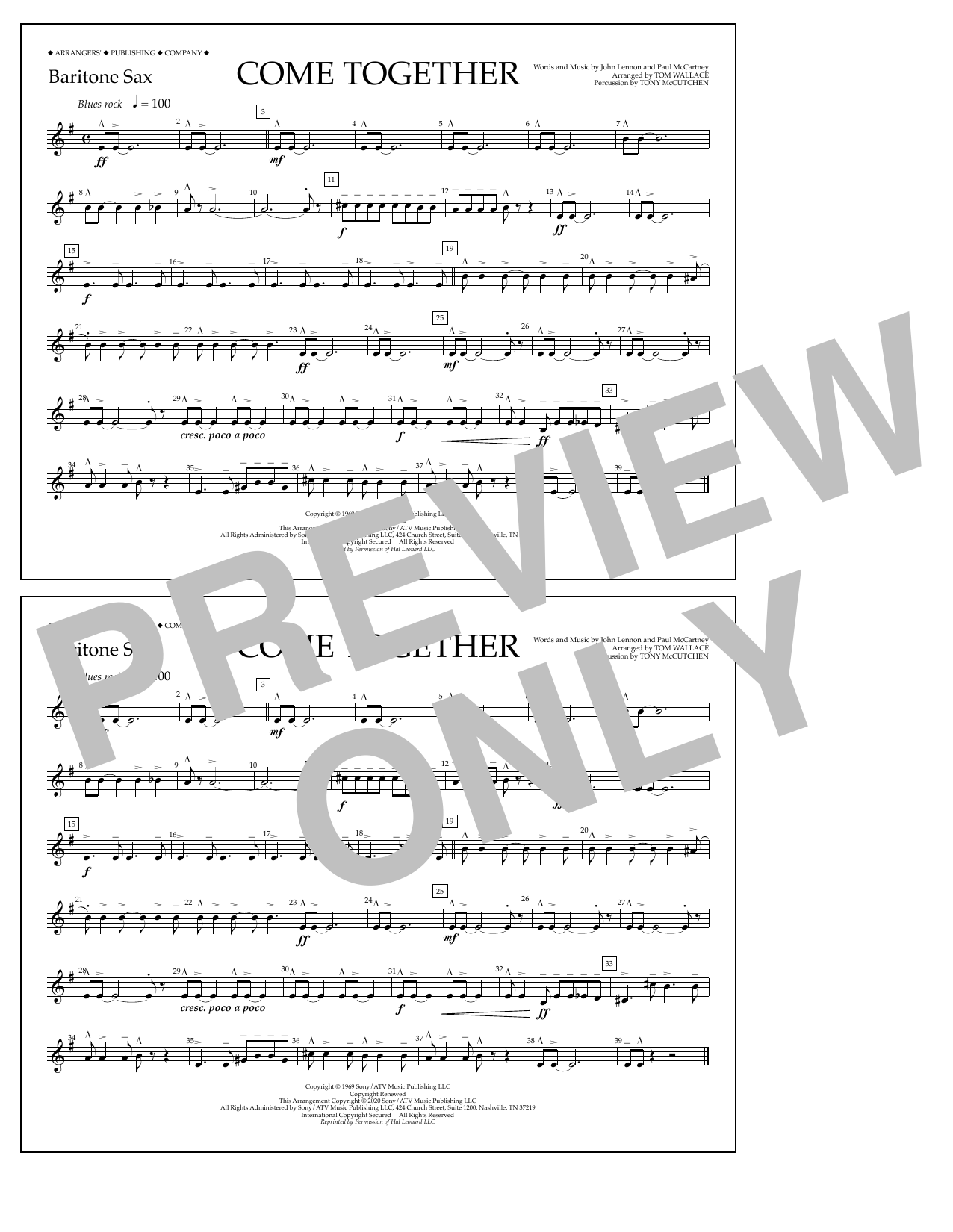 Download The Beatles Come Together (arr. Tom Wallace) - Baritone Sax Sheet Music and learn how to play Marching Band PDF digital score in minutes