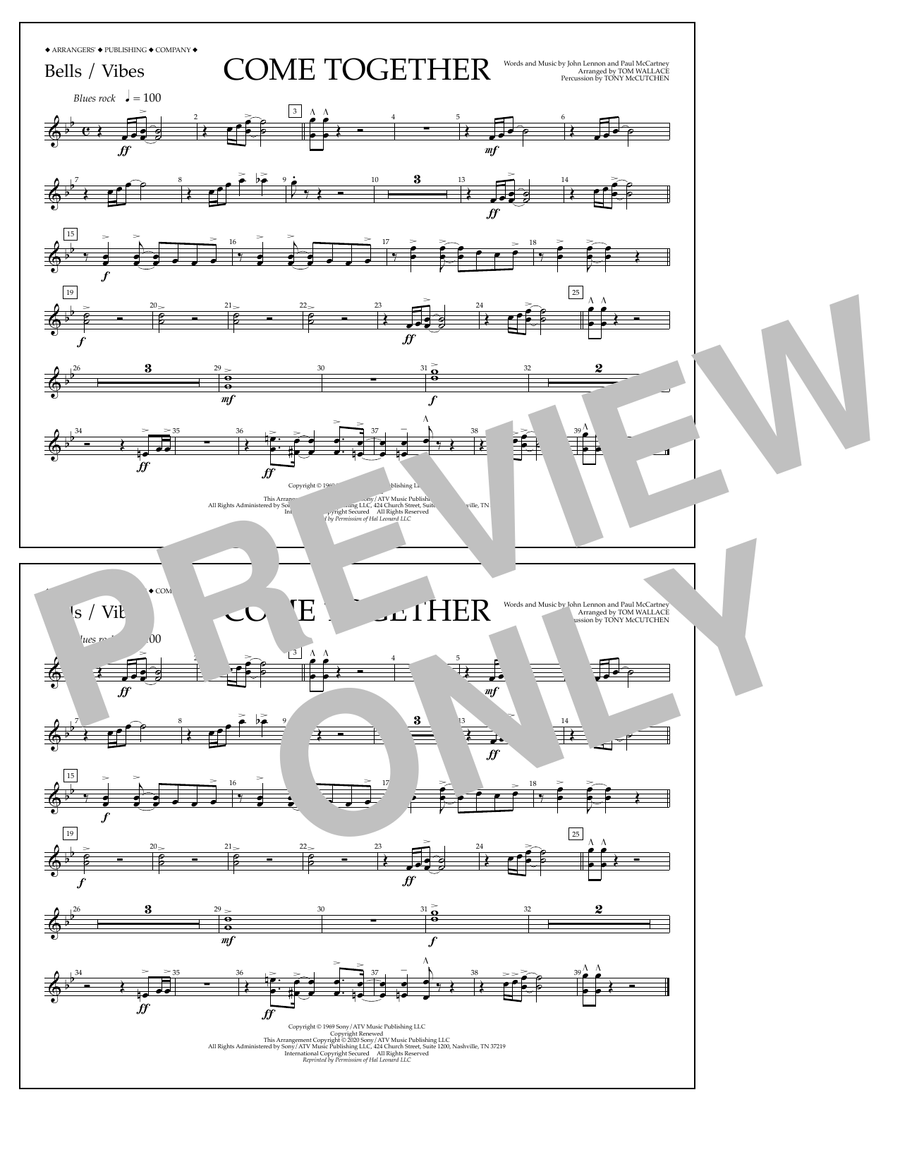 Download The Beatles Come Together (arr. Tom Wallace) - Bells/Vibes Sheet Music and learn how to play Marching Band PDF digital score in minutes