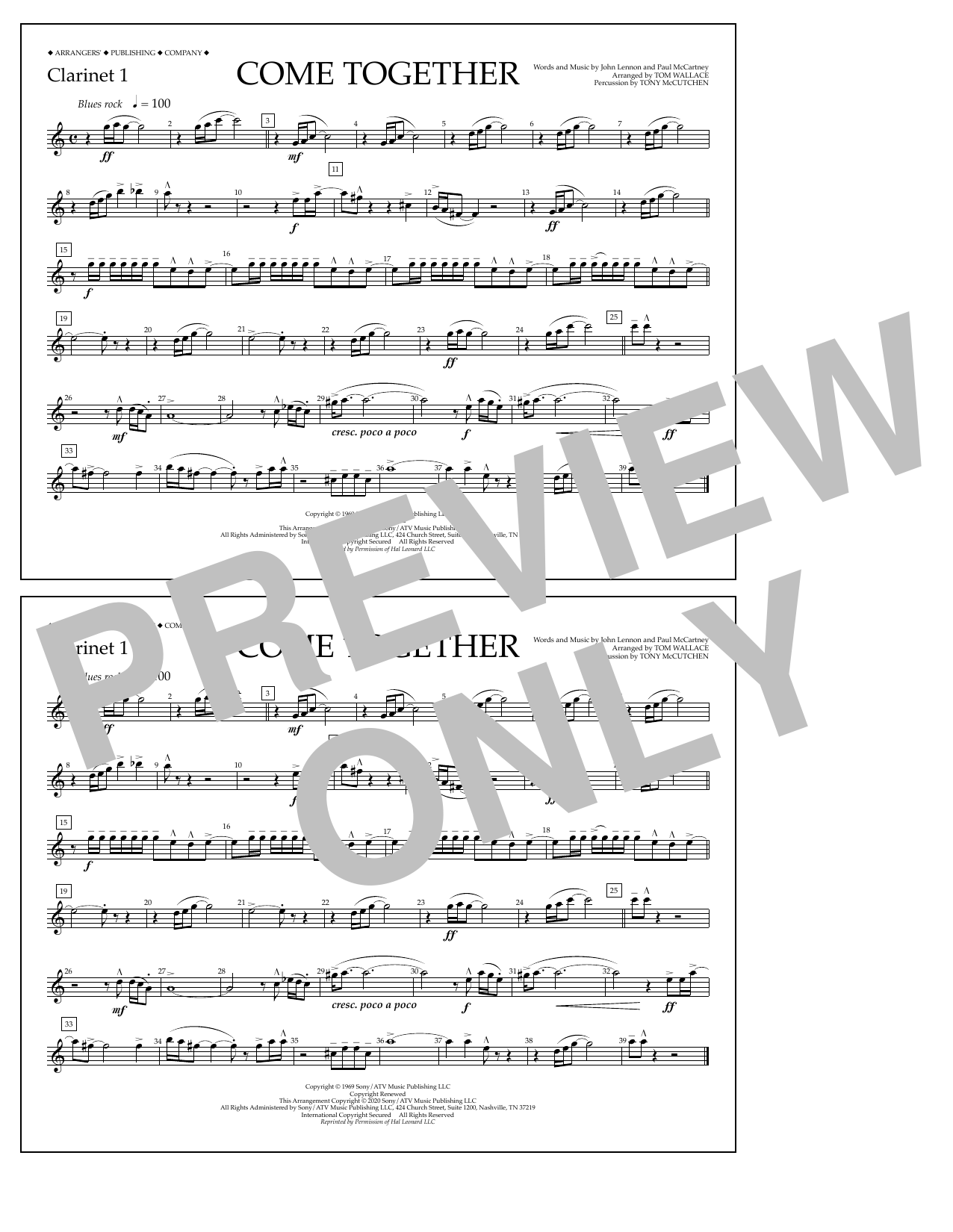 Download The Beatles Come Together (arr. Tom Wallace) - Clarinet 1 Sheet Music and learn how to play Marching Band PDF digital score in minutes