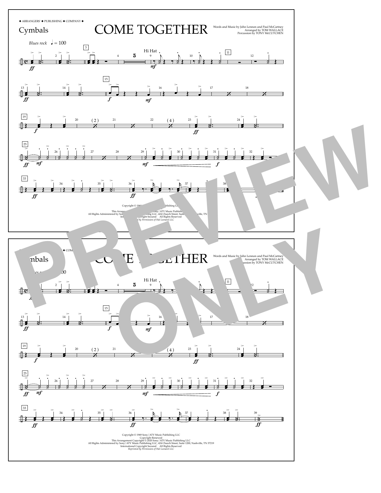 Download The Beatles Come Together (arr. Tom Wallace) - Cymbals Sheet Music and learn how to play Marching Band PDF digital score in minutes