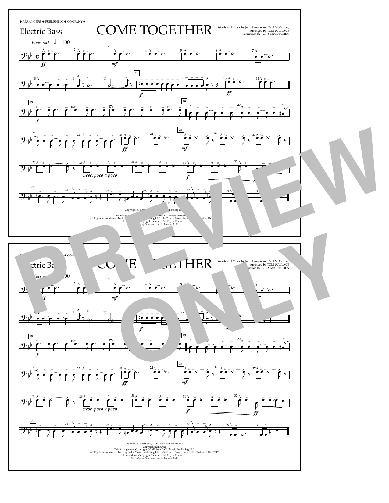 Download The Beatles Come Together (arr. Tom Wallace) - Electric Bass Sheet Music and learn how to play Marching Band PDF digital score in minutes
