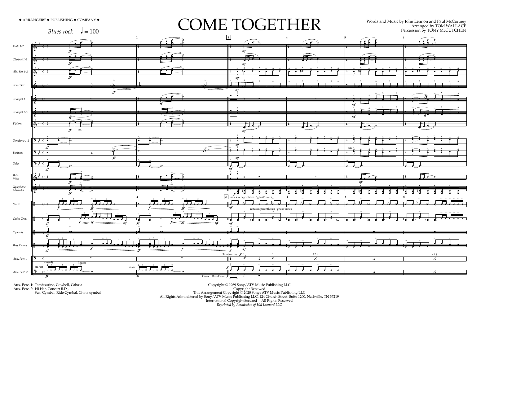 Download The Beatles Come Together (arr. Tom Wallace) - Full Score Sheet Music and learn how to play Marching Band PDF digital score in minutes