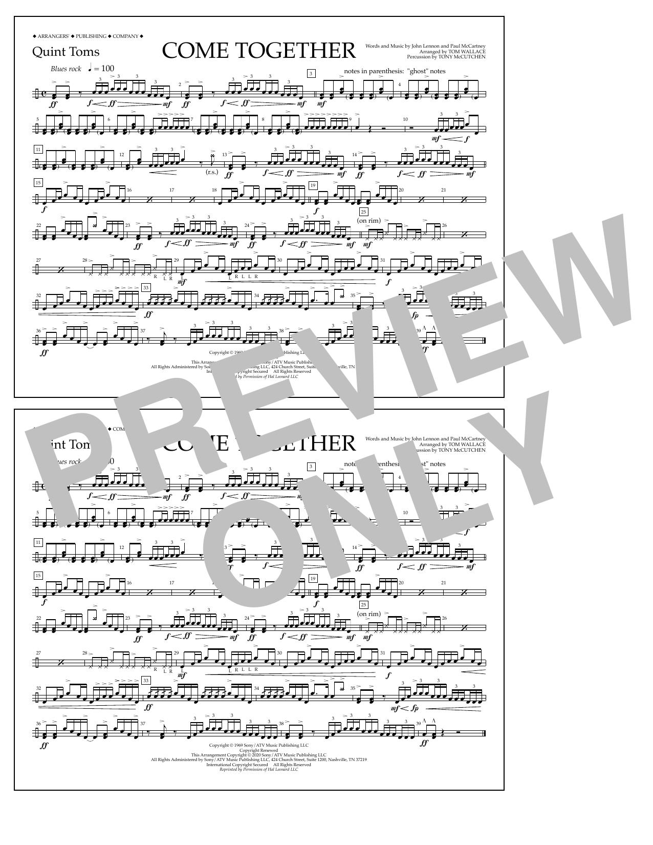 Download The Beatles Come Together (arr. Tom Wallace) - Quint-Toms Sheet Music and learn how to play Marching Band PDF digital score in minutes