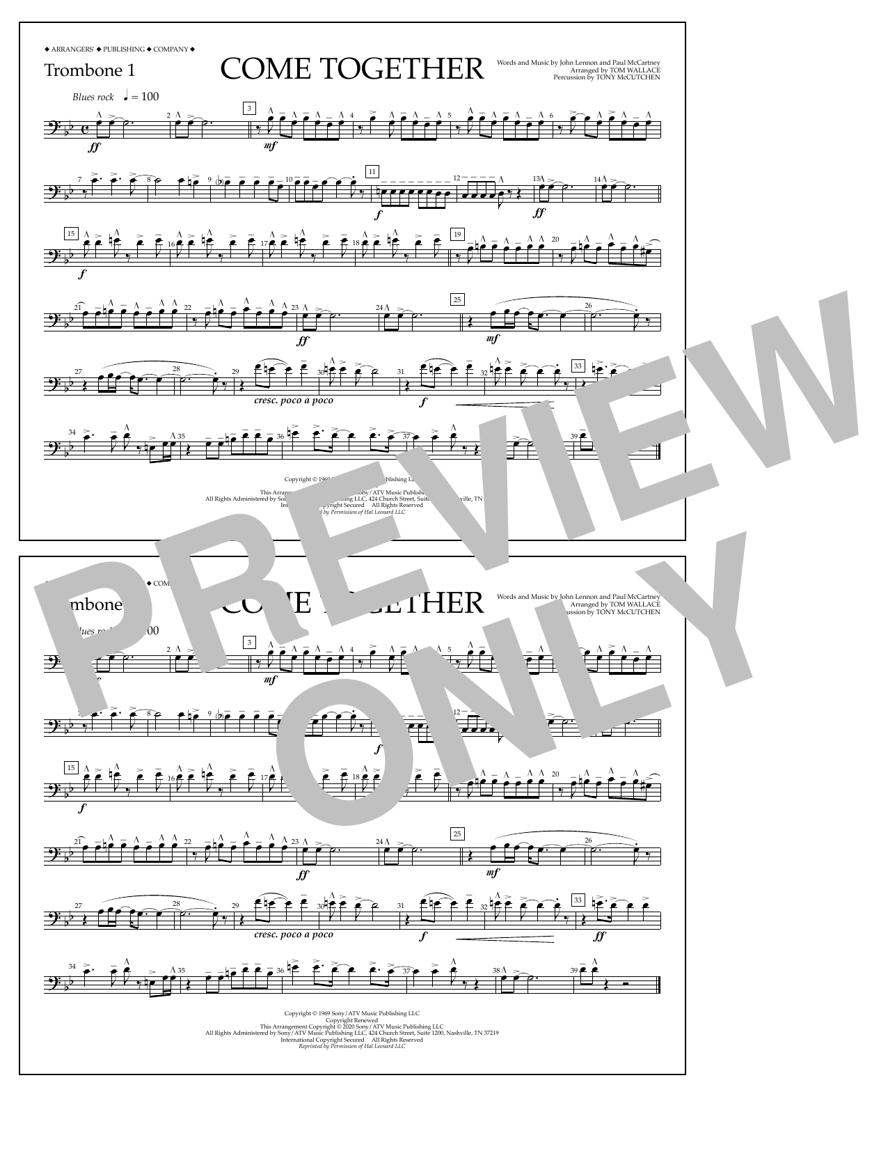 Download The Beatles Come Together (arr. Tom Wallace) - Trombone 1 Sheet Music and learn how to play Marching Band PDF digital score in minutes