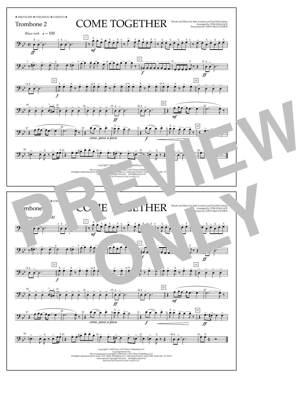Download The Beatles Come Together (arr. Tom Wallace) - Trombone 2 Sheet Music and learn how to play Marching Band PDF digital score in minutes