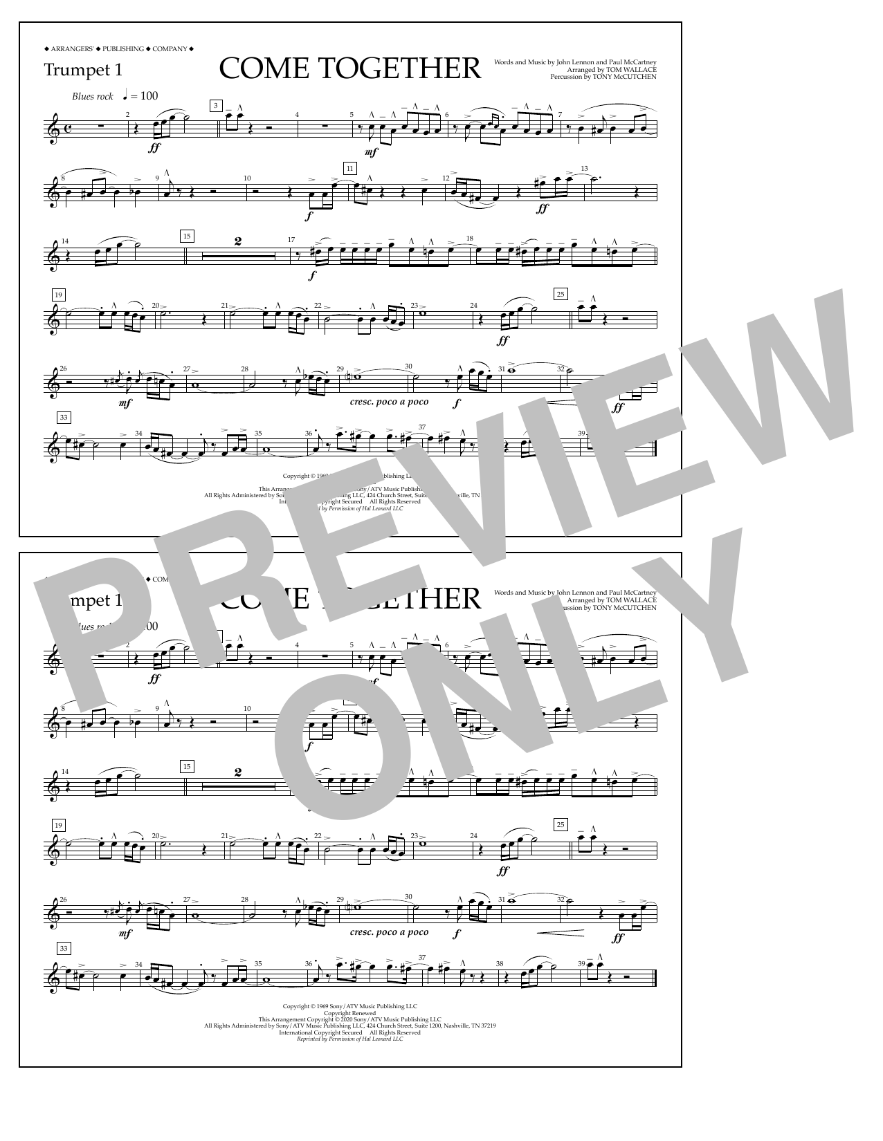 Download The Beatles Come Together (arr. Tom Wallace) - Trumpet 1 Sheet Music and learn how to play Marching Band PDF digital score in minutes