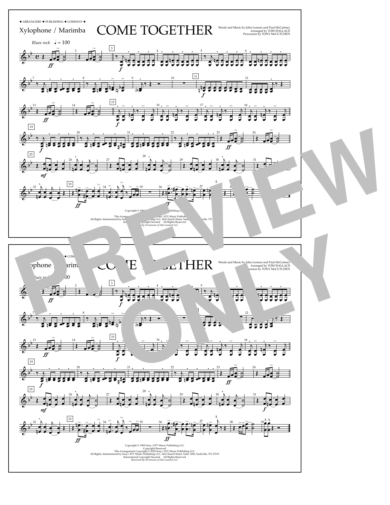 Download The Beatles Come Together (arr. Tom Wallace) - Xylophone/Marimba Sheet Music and learn how to play Marching Band PDF digital score in minutes
