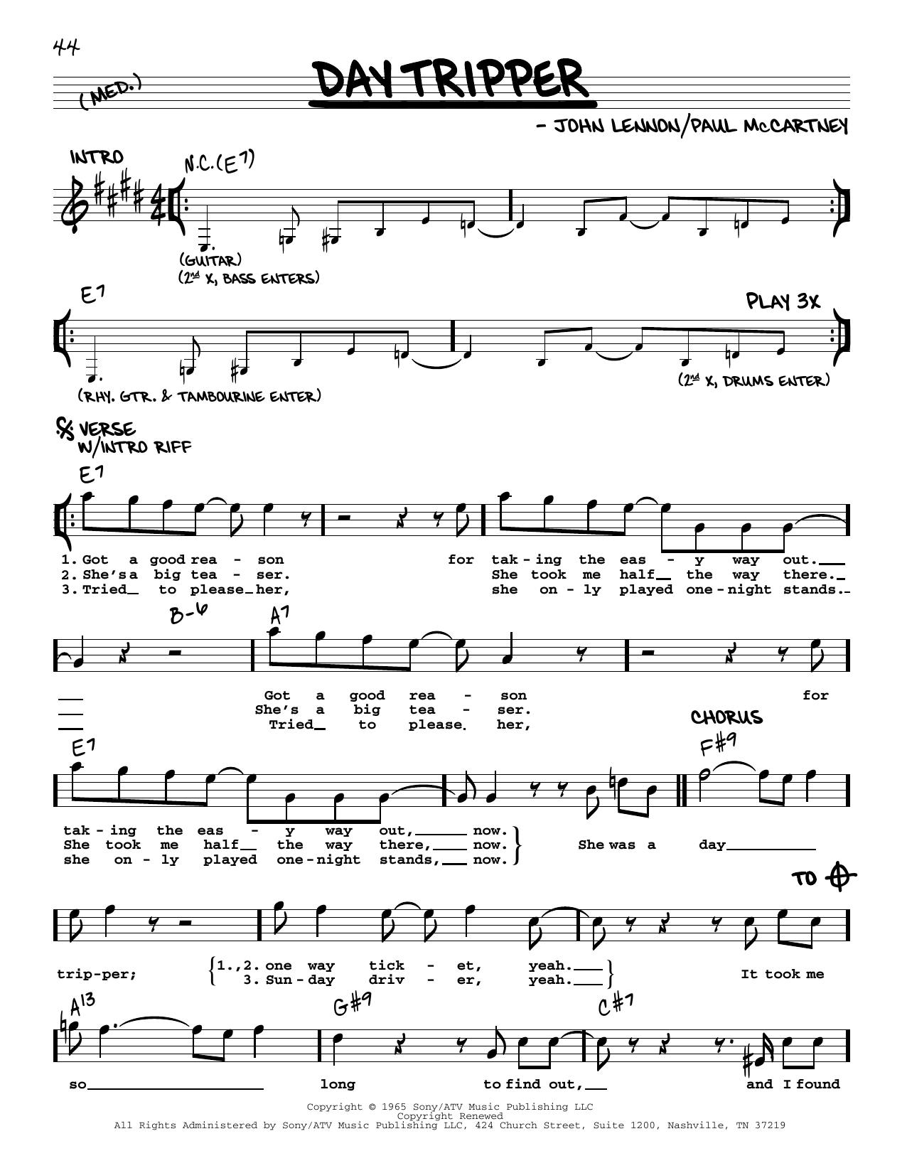 Download The Beatles Day Tripper [Jazz version] Sheet Music and learn how to play Real Book – Melody, Lyrics & Chords PDF digital score in minutes