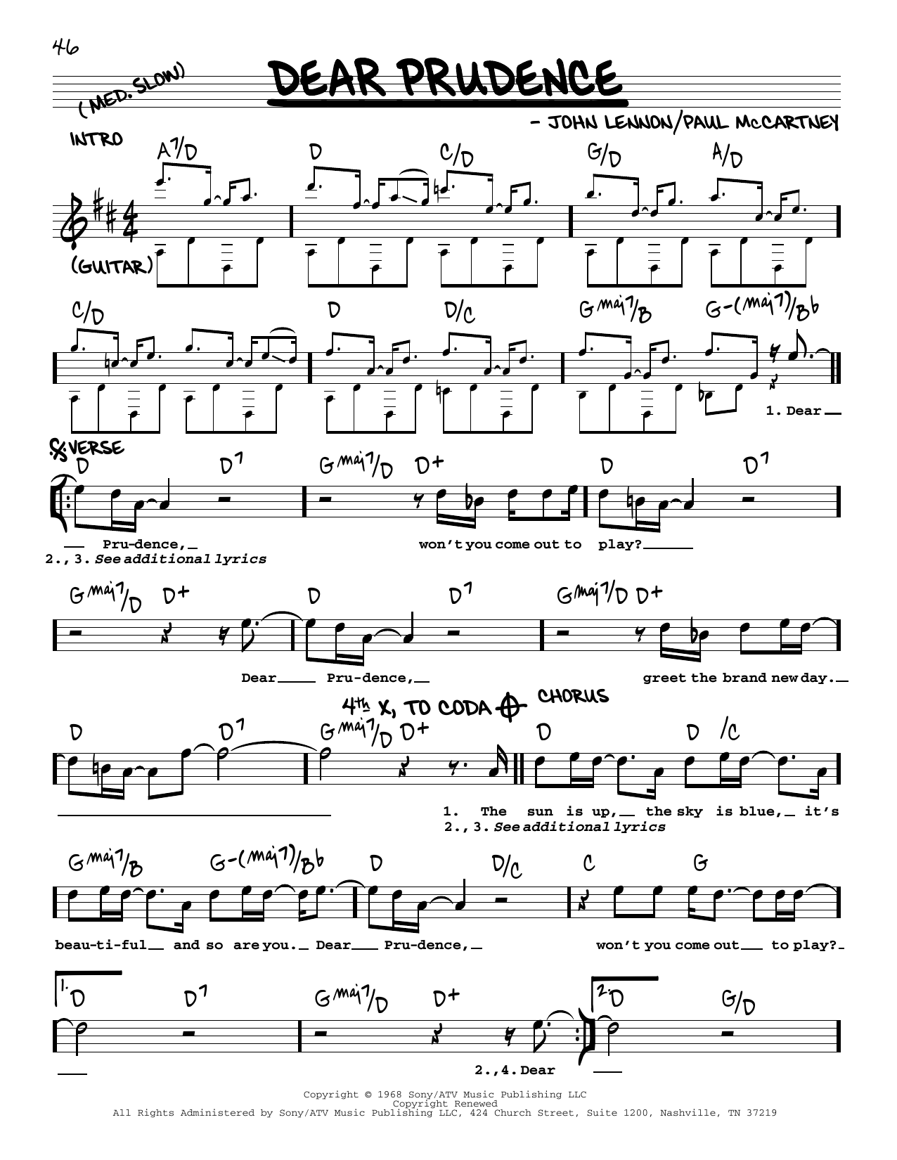 Download The Beatles Dear Prudence [Jazz version] Sheet Music and learn how to play Real Book – Melody, Lyrics & Chords PDF digital score in minutes