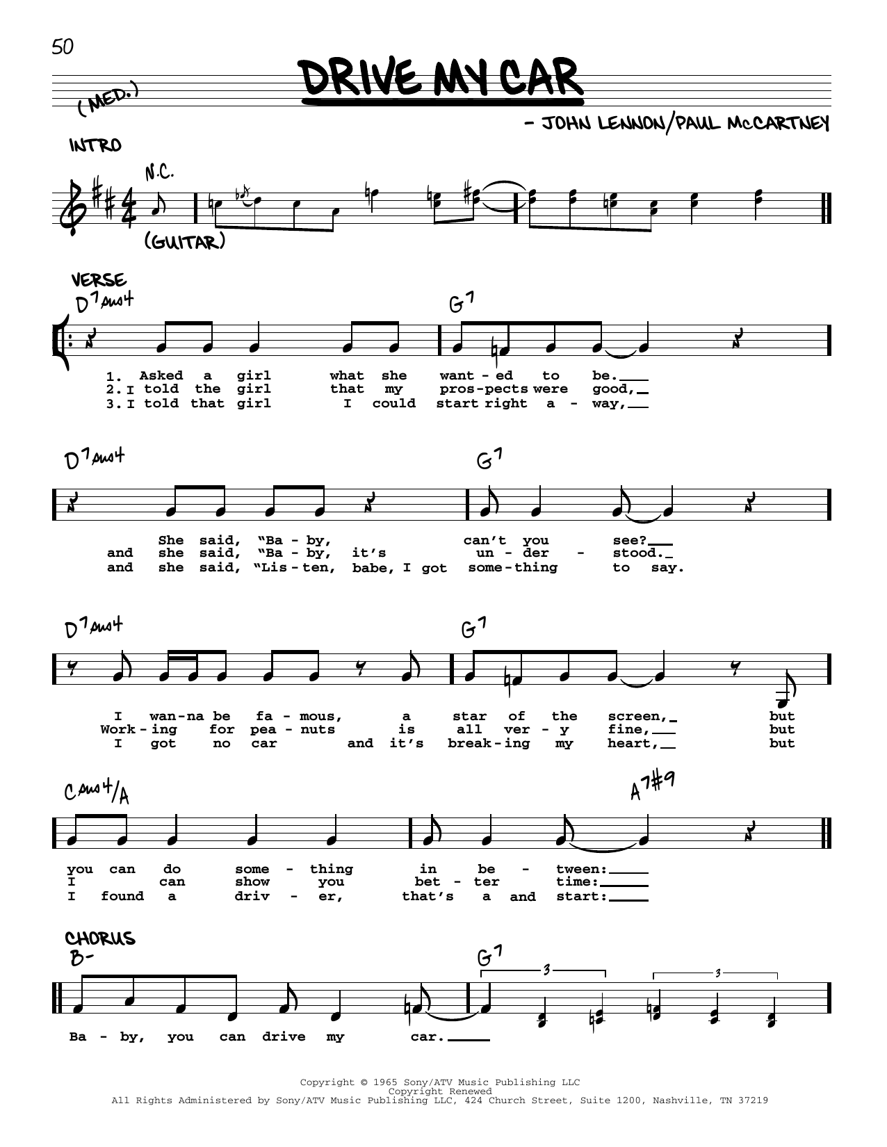 Download The Beatles Drive My Car [Jazz version] Sheet Music and learn how to play Real Book – Melody, Lyrics & Chords PDF digital score in minutes