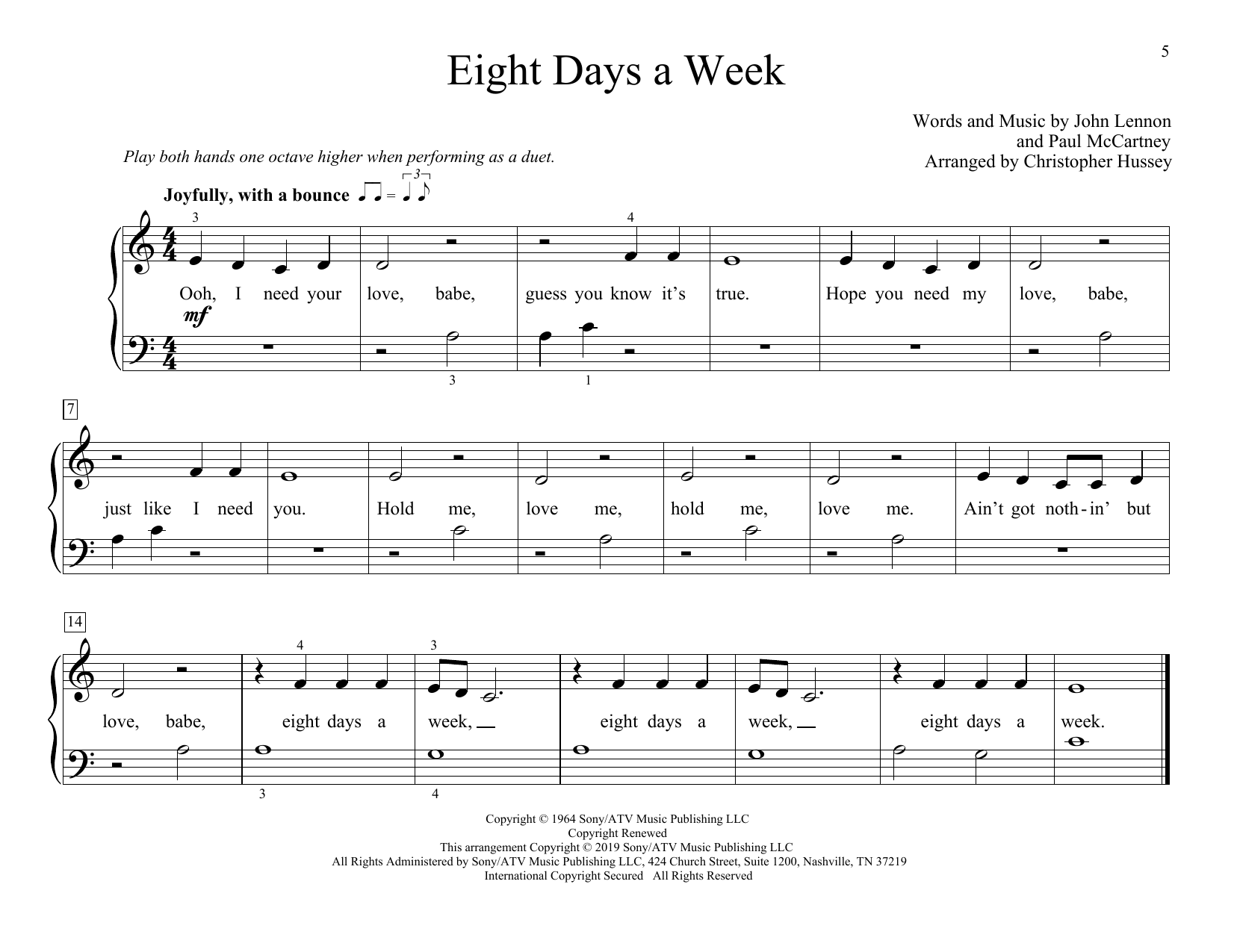 Download The Beatles Eight Days A Week (arr. Christopher Hussey) Sheet Music and learn how to play Piano Duet PDF digital score in minutes