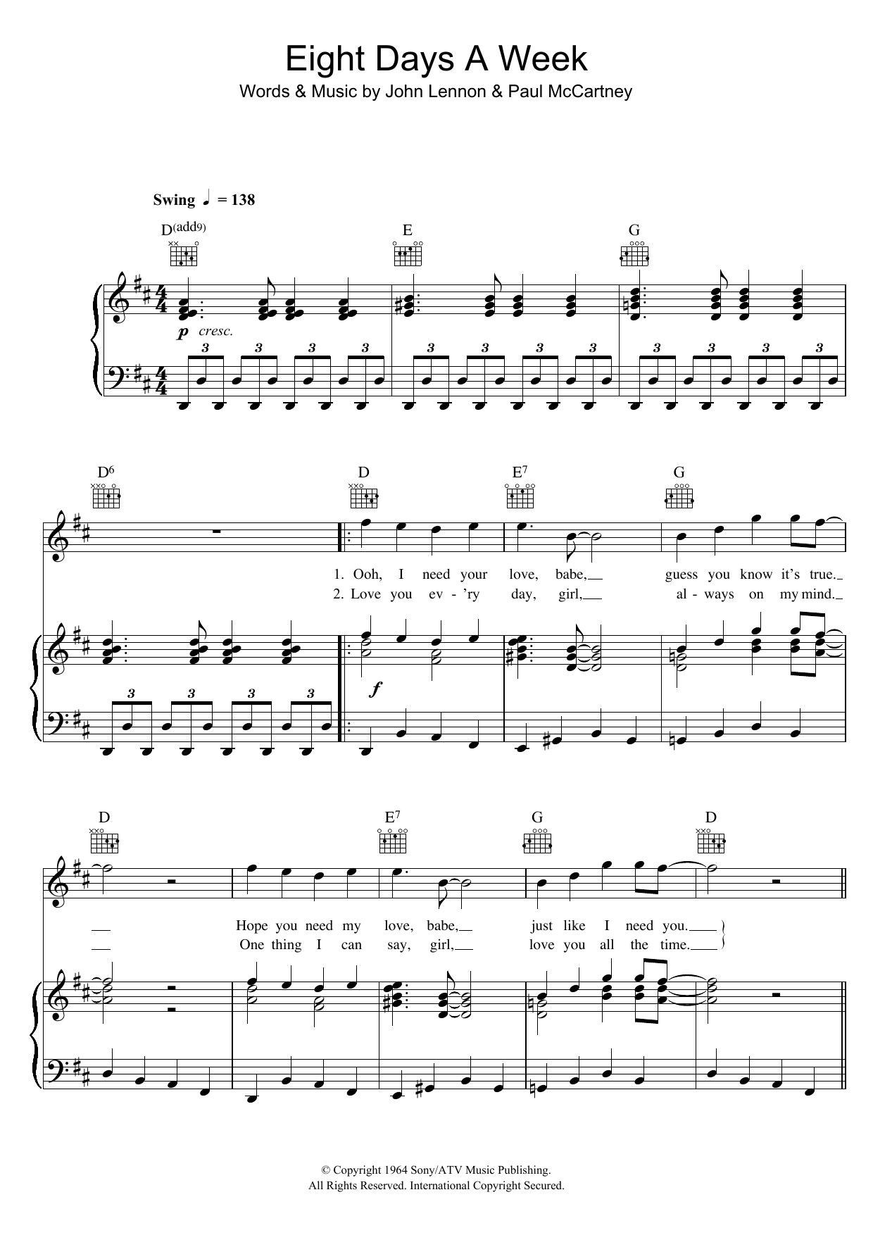 Download The Beatles Eight Days A Week Sheet Music and learn how to play Piano (Big Notes) PDF digital score in minutes