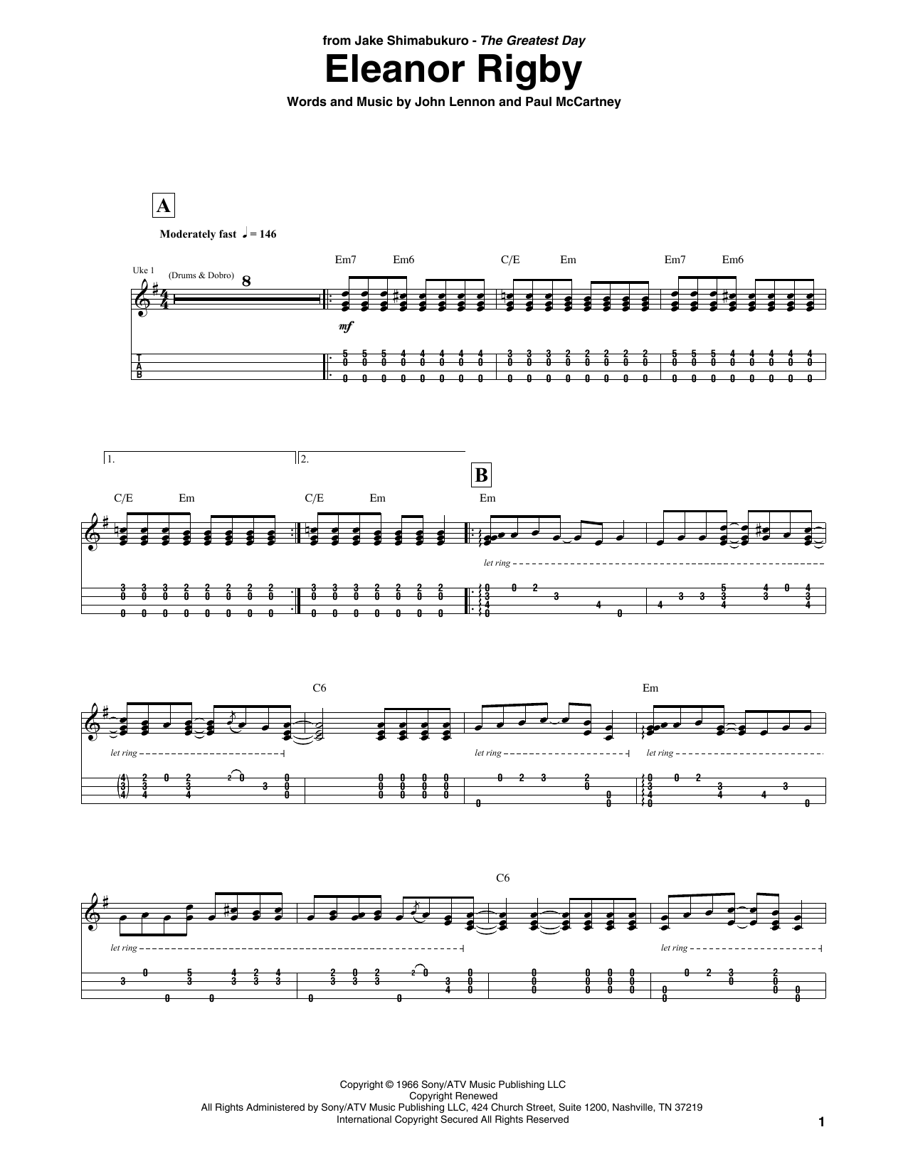 Download The Beatles Eleanor Rigby (arr. Jake Shimabukuro) Sheet Music and learn how to play Ukulele Tab PDF digital score in minutes