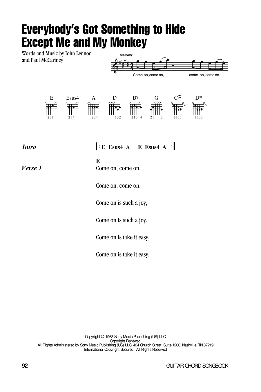 Download The Beatles Everybody's Got Something To Hide Except Me And My Monkey Sheet Music and learn how to play Melody Line, Lyrics & Chords PDF digital score in minutes