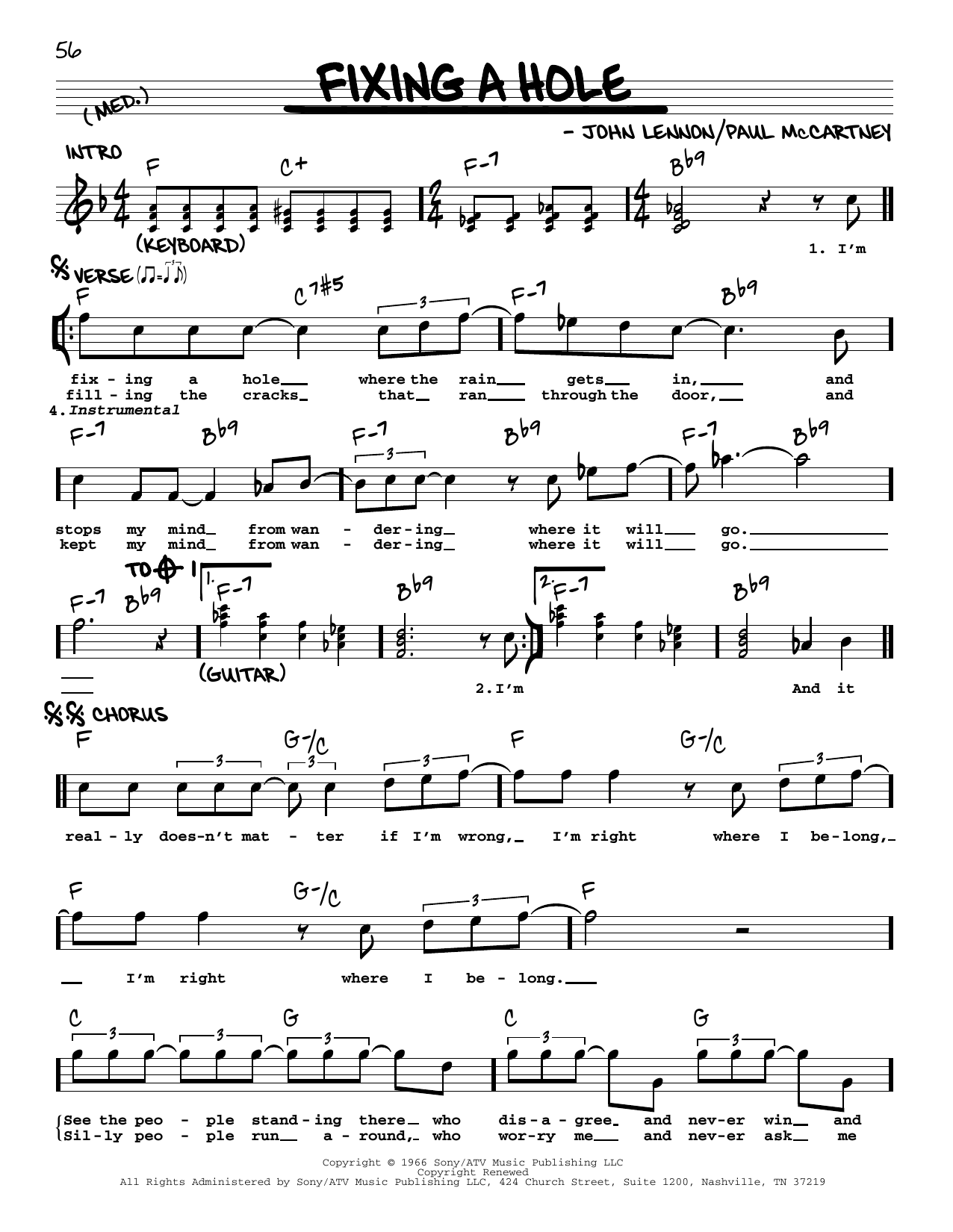 Download The Beatles Fixing A Hole [Jazz version] Sheet Music and learn how to play Real Book – Melody, Lyrics & Chords PDF digital score in minutes