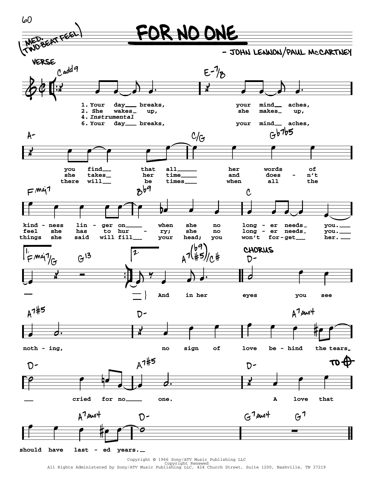 Download The Beatles For No One [Jazz version] Sheet Music and learn how to play Real Book – Melody, Lyrics & Chords PDF digital score in minutes