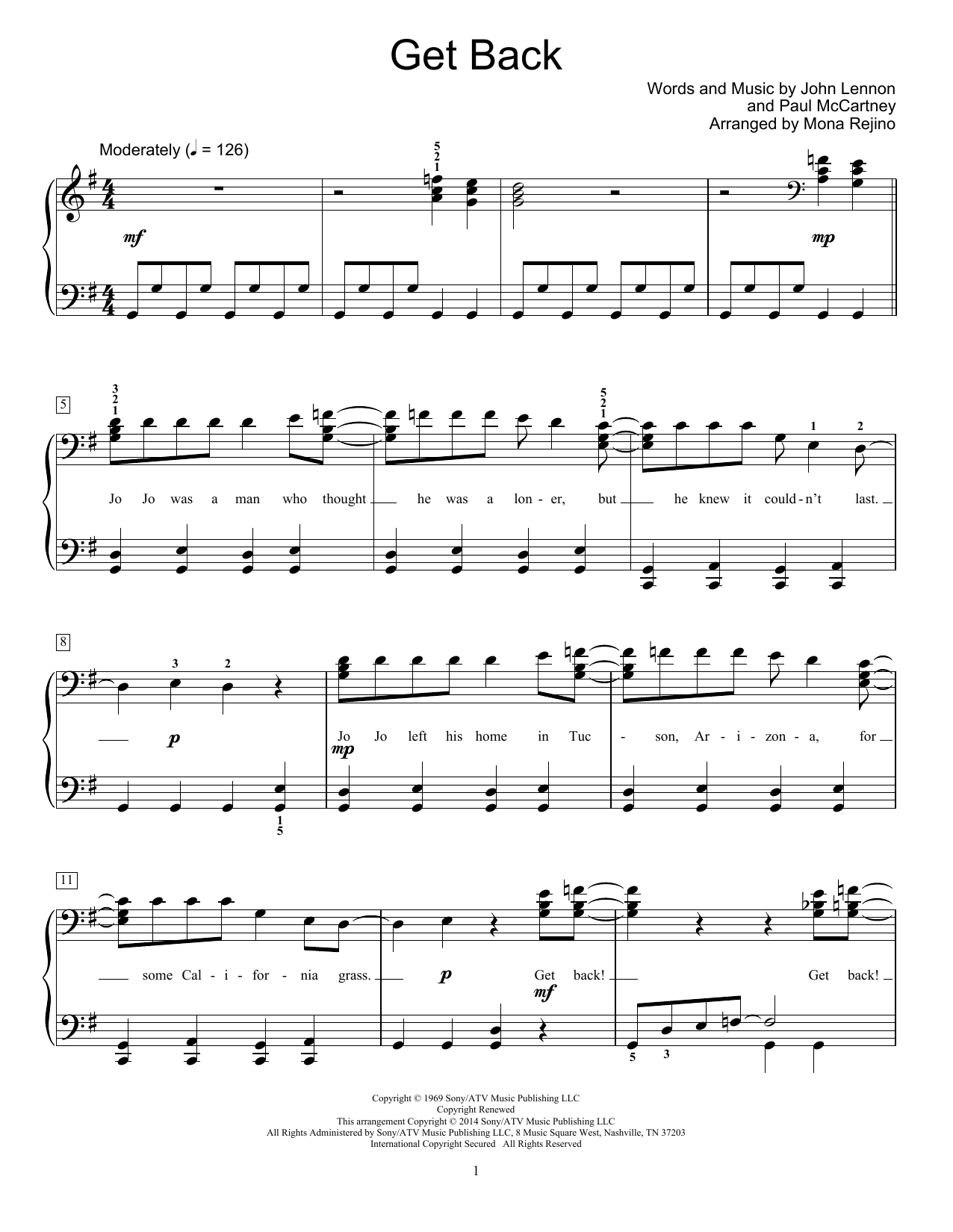 Download Mona Rejino Get Back Sheet Music and learn how to play Easy Piano PDF digital score in minutes