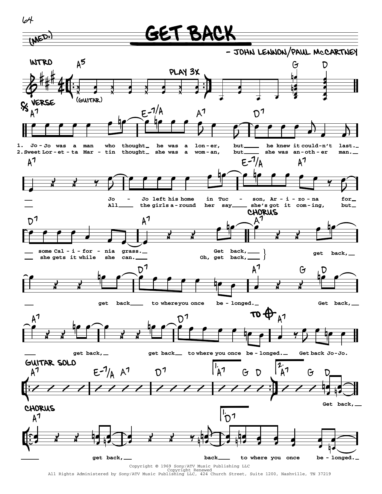 Download The Beatles Get Back [Jazz version] Sheet Music and learn how to play Real Book – Melody, Lyrics & Chords PDF digital score in minutes