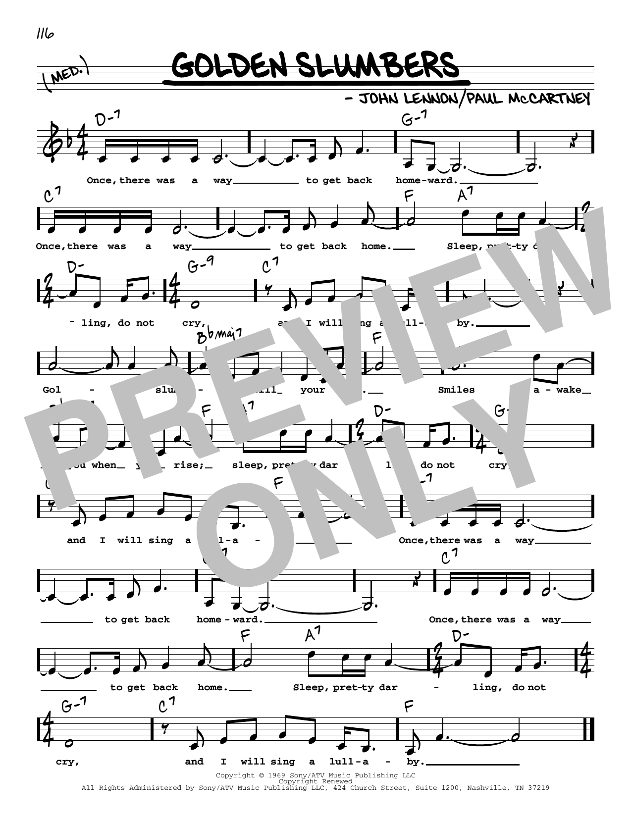 Download The Beatles Golden Slumbers (Low Voice) Sheet Music and learn how to play Real Book – Melody, Lyrics & Chords PDF digital score in minutes