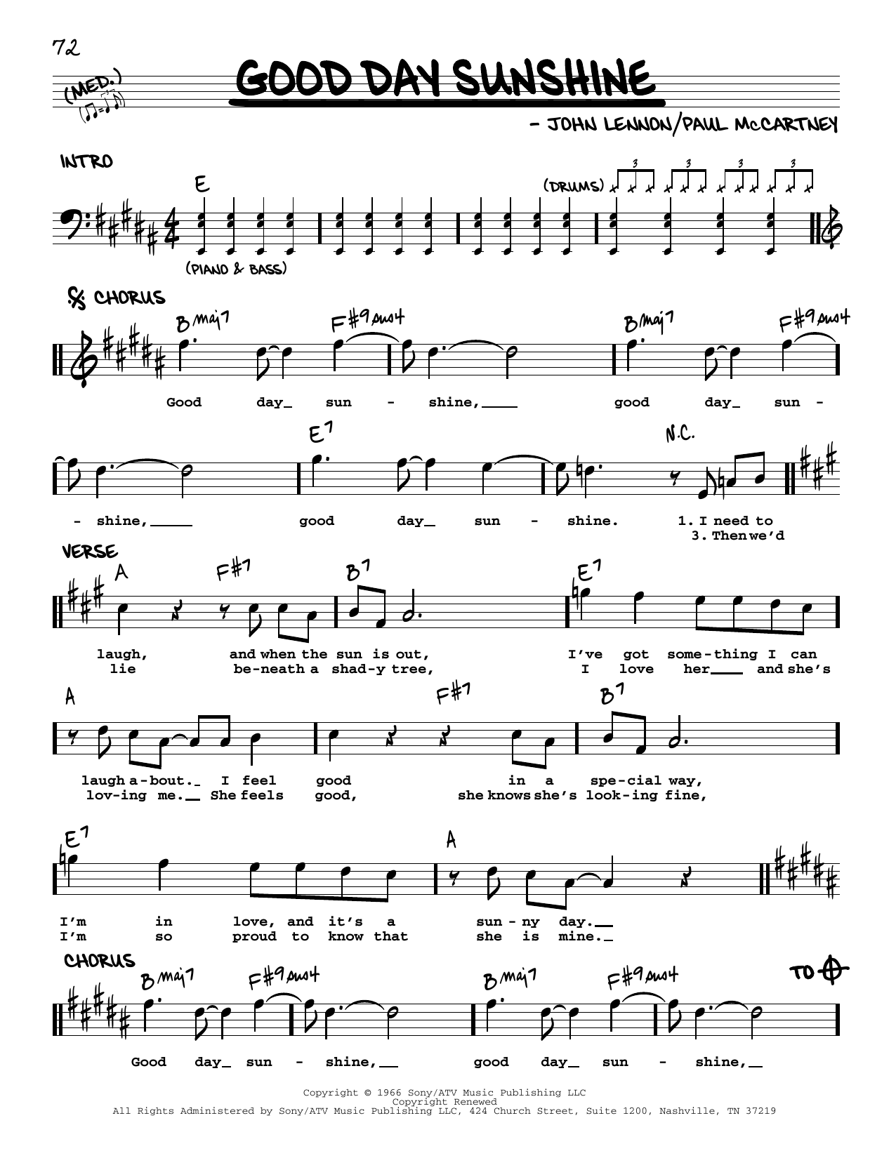 Download The Beatles Good Day Sunshine [Jazz version] Sheet Music and learn how to play Real Book – Melody, Lyrics & Chords PDF digital score in minutes
