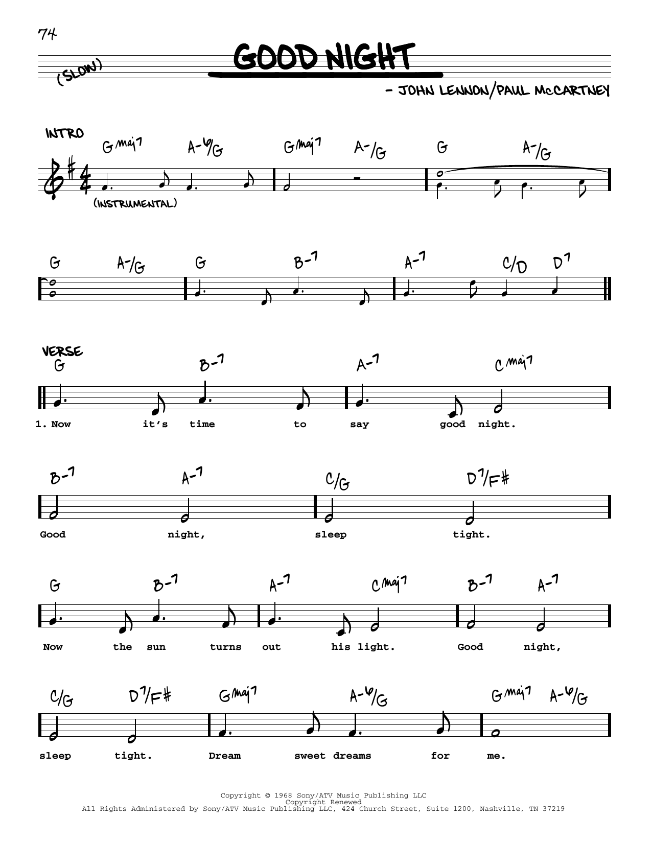 Download The Beatles Good Night [Jazz version] Sheet Music and learn how to play Real Book – Melody, Lyrics & Chords PDF digital score in minutes