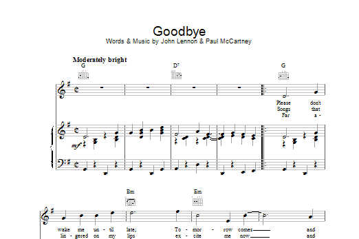 Download The Beatles Goodbye Sheet Music and learn how to play Piano, Vocal & Guitar (Right-Hand Melody) PDF digital score in minutes