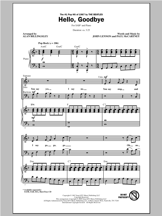 Download The Beatles Hello, Goodbye (arr. Alan Billingsley) Sheet Music and learn how to play SATB PDF digital score in minutes