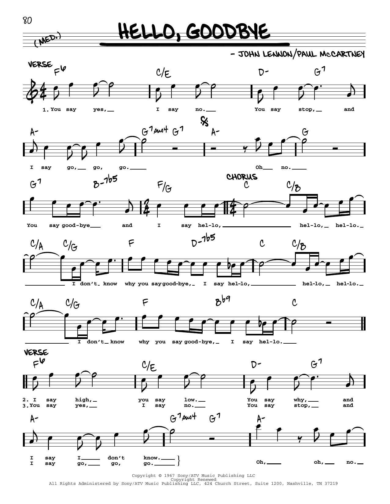 Download The Beatles Hello, Goodbye [Jazz version] Sheet Music and learn how to play Real Book – Melody, Lyrics & Chords PDF digital score in minutes