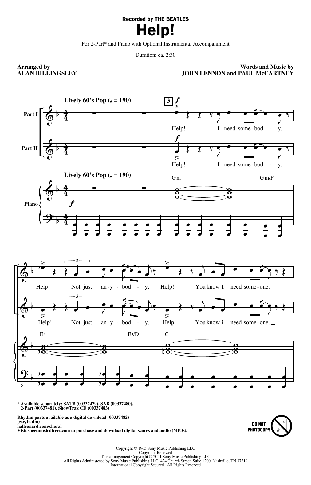 Download The Beatles Help! (arr. Alan Billingsley) Sheet Music and learn how to play 2-Part Choir PDF digital score in minutes