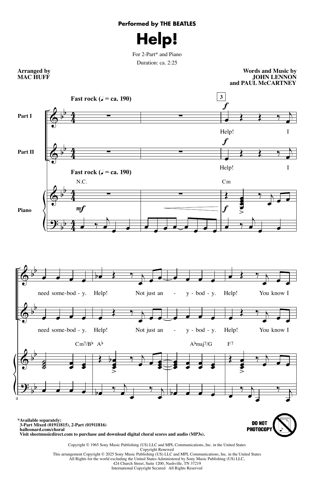 Download The Beatles Help! (arr. Mac Huff) Sheet Music and learn how to play 3-Part Mixed Choir PDF digital score in minutes