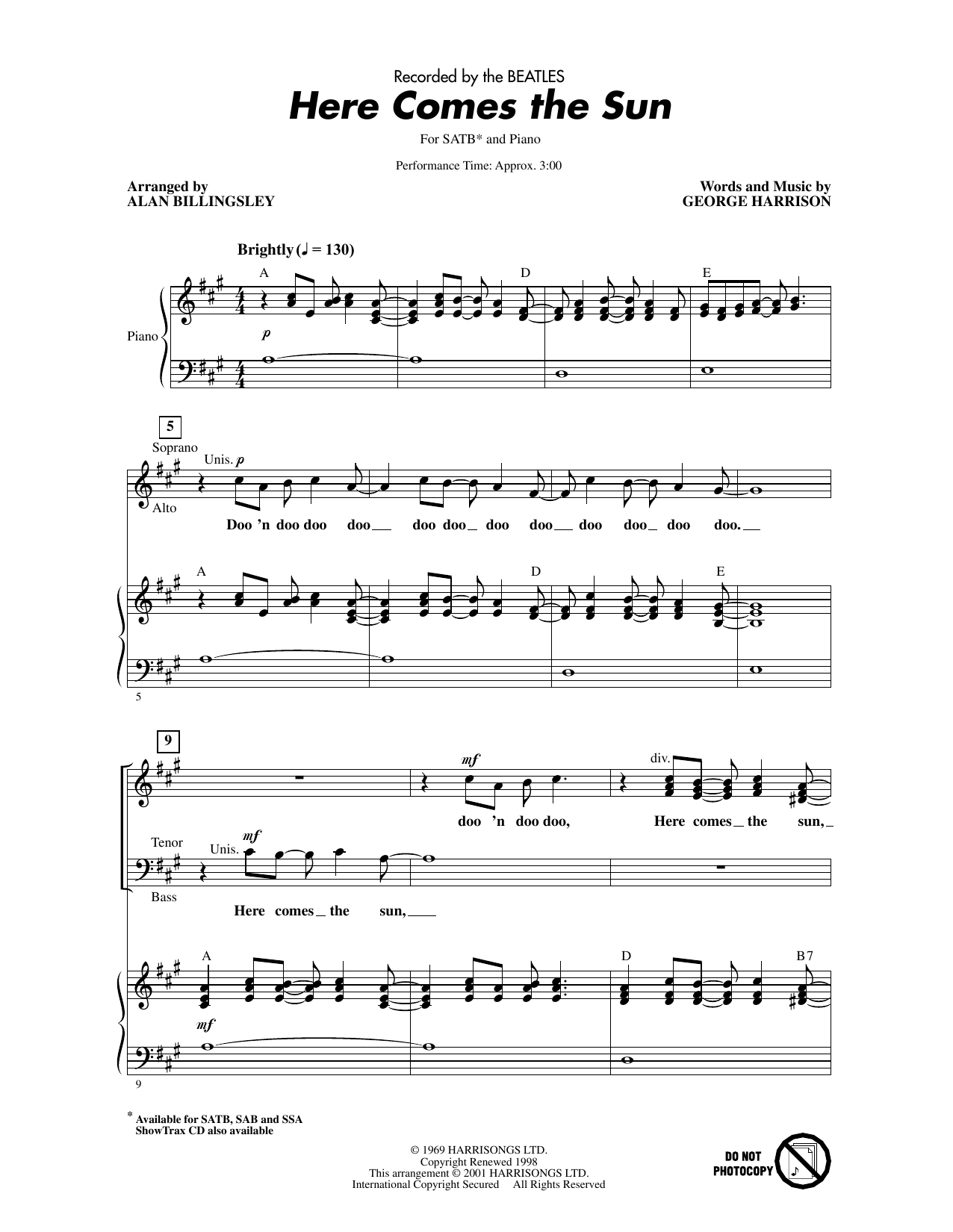 Download The Beatles Here Comes The Sun (arr. Alan Billingsley) Sheet Music and learn how to play SATB Choir PDF digital score in minutes