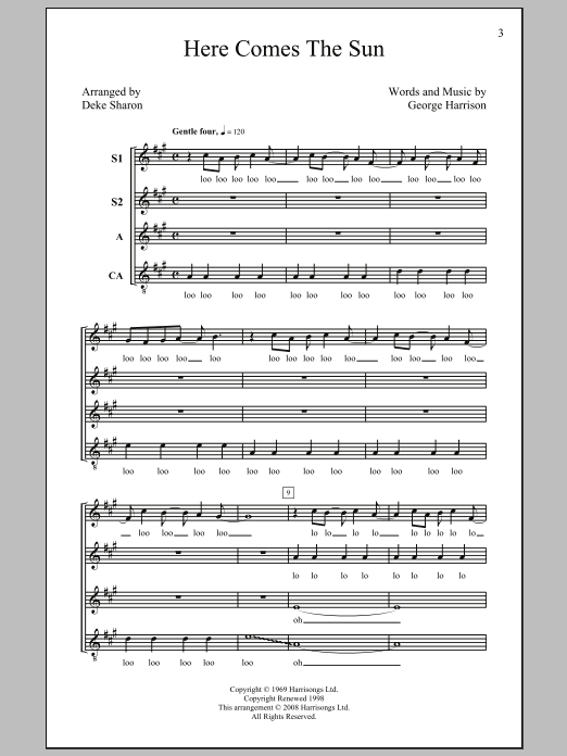 Download The Beatles Here Comes The Sun (arr. Deke Sharon) Sheet Music and learn how to play SSA PDF digital score in minutes