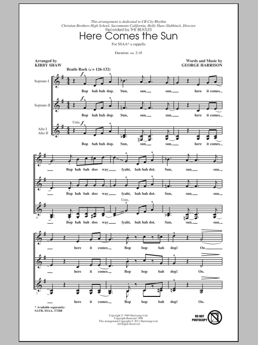 Download Kirby Shaw Here Comes The Sun Sheet Music and learn how to play SATB PDF digital score in minutes