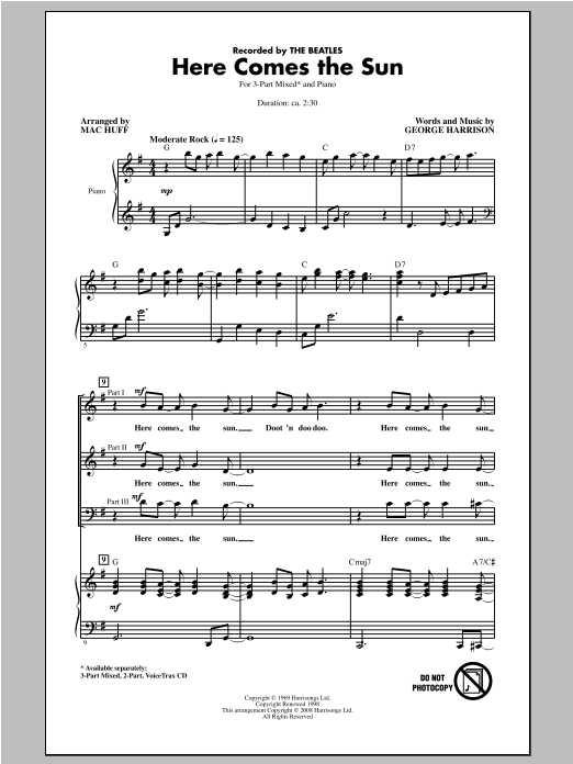 Download The Beatles Here Comes The Sun (arr. Mac Huff) Sheet Music and learn how to play 3-Part Mixed PDF digital score in minutes
