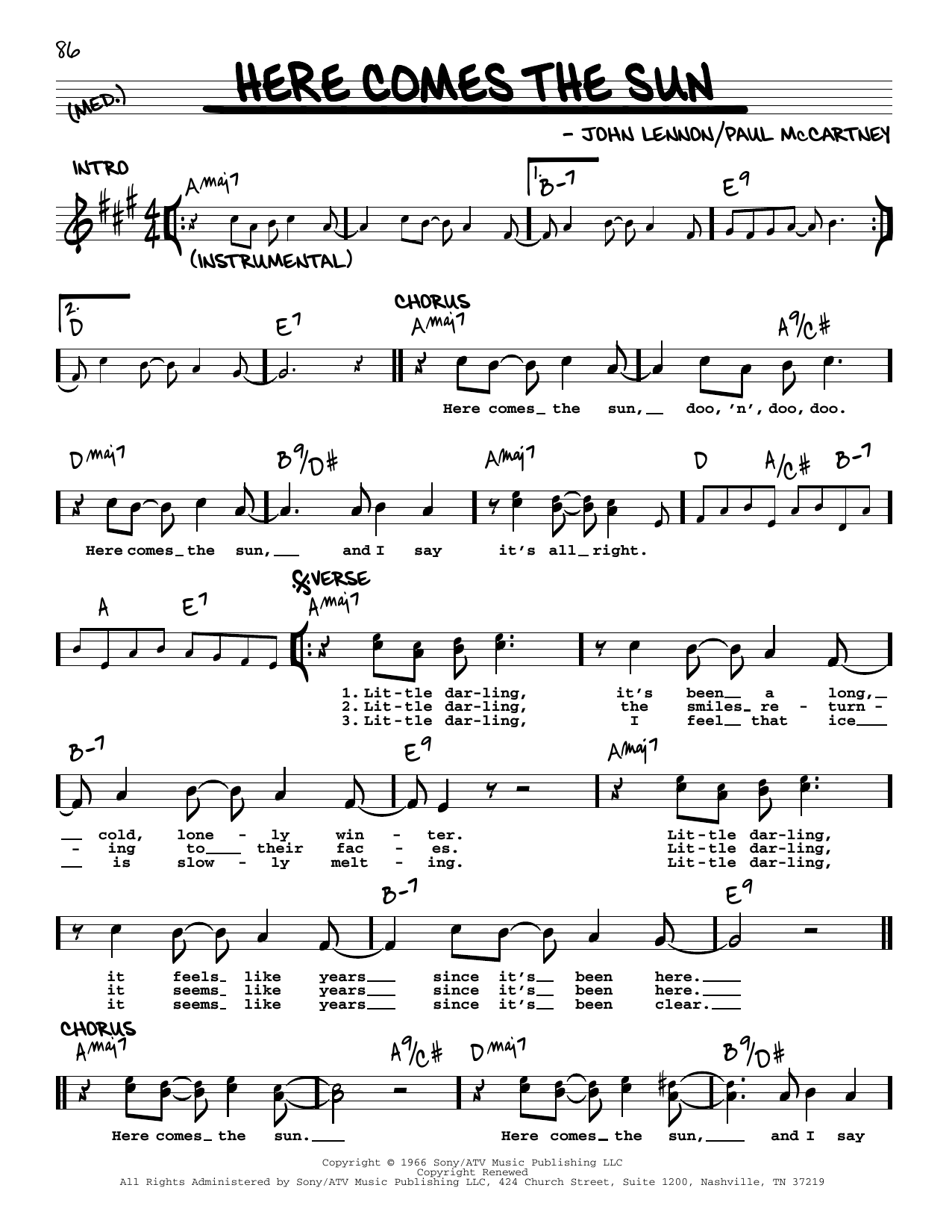 Download The Beatles Here Comes The Sun [Jazz version] Sheet Music and learn how to play Real Book – Melody, Lyrics & Chords PDF digital score in minutes