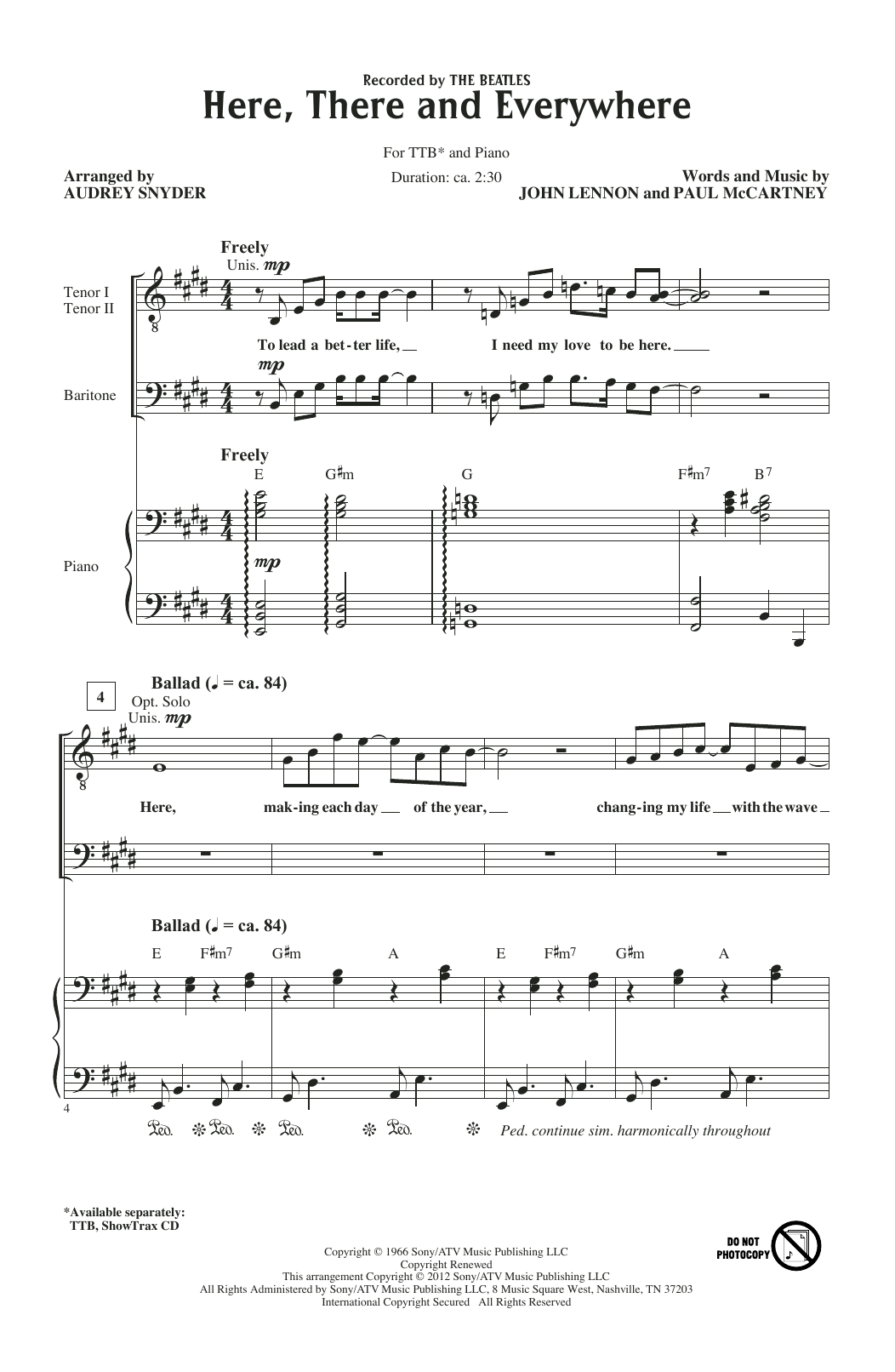 Download The Beatles Here, There And Everywhere (arr. Audrey Snyder) Sheet Music and learn how to play TTB Choir PDF digital score in minutes