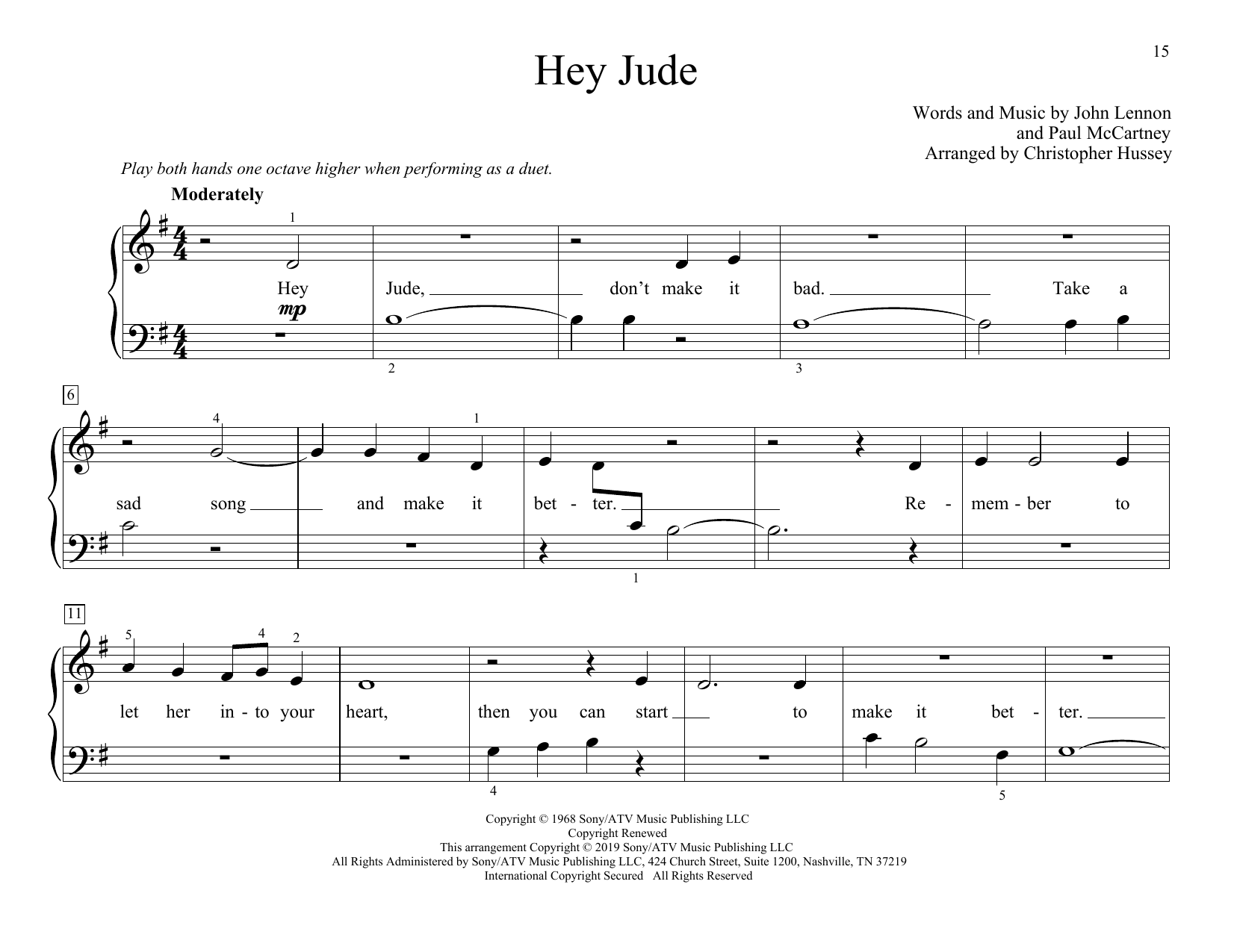 Download The Beatles Hey Jude (arr. Christopher Hussey) Sheet Music and learn how to play Piano Duet PDF digital score in minutes