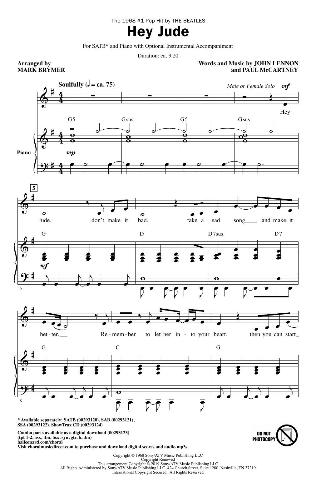 Download The Beatles Hey Jude (arr. Mark Brymer) Sheet Music and learn how to play SATB Choir PDF digital score in minutes