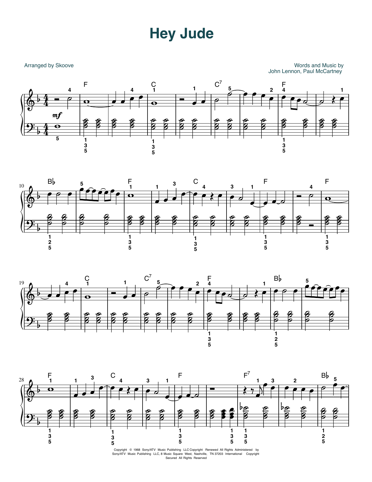 Download The Beatles Hey Jude (arr. Skoove) Sheet Music and learn how to play Easy Piano PDF digital score in minutes