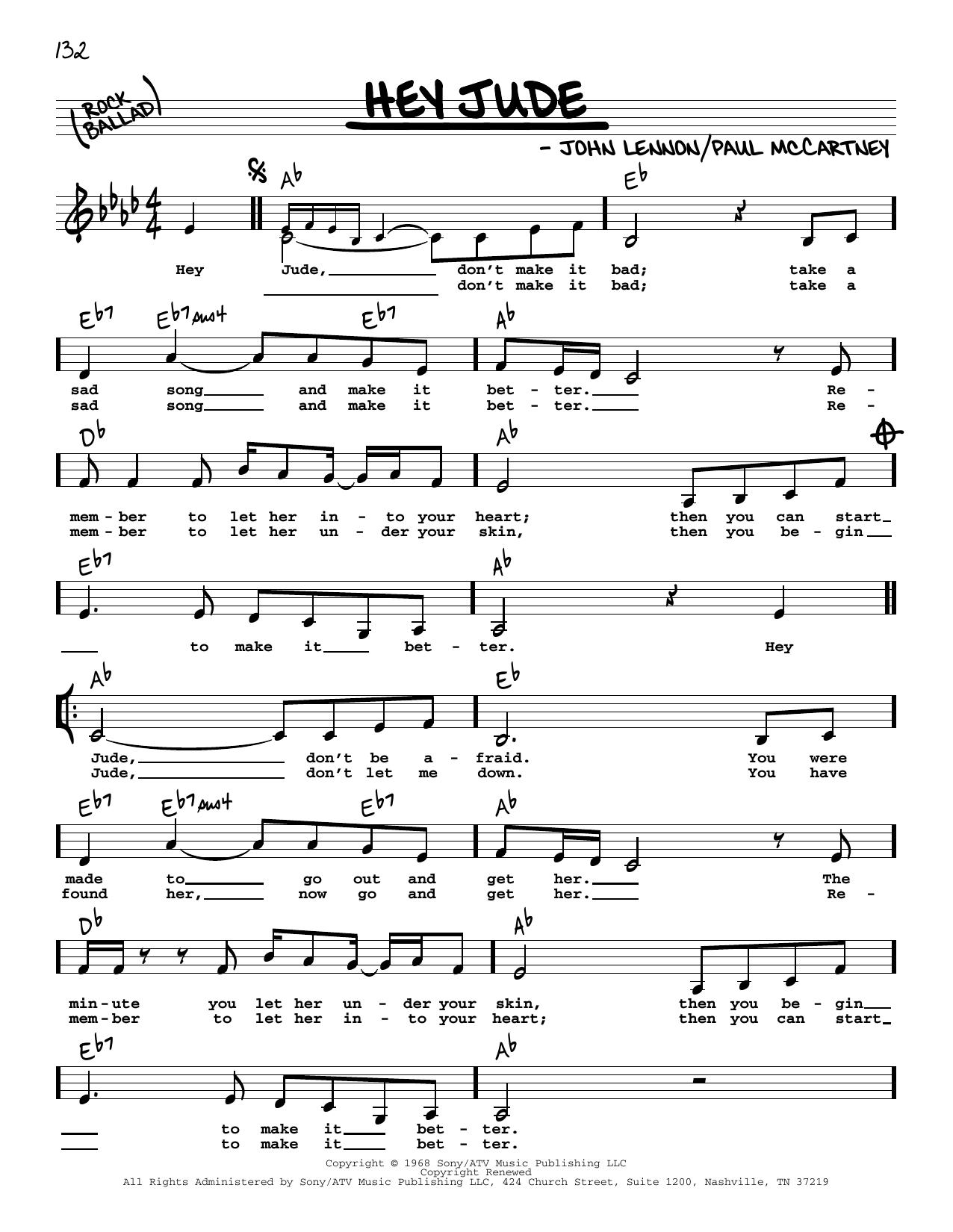 Download The Beatles Hey Jude (Low Voice) Sheet Music and learn how to play Real Book – Melody, Lyrics & Chords PDF digital score in minutes