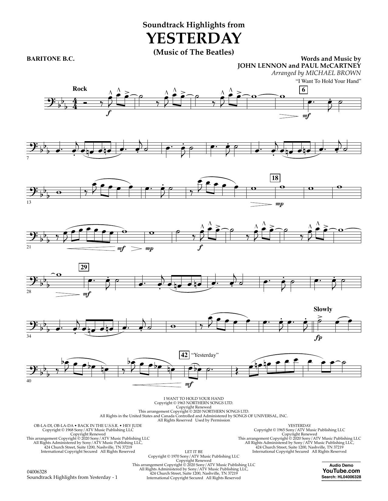 Download The Beatles Highlights from Yesterday (Music Of The Beatles) (arr. Michael Brown) - Baritone Sheet Music and learn how to play Concert Band PDF digital score in minutes