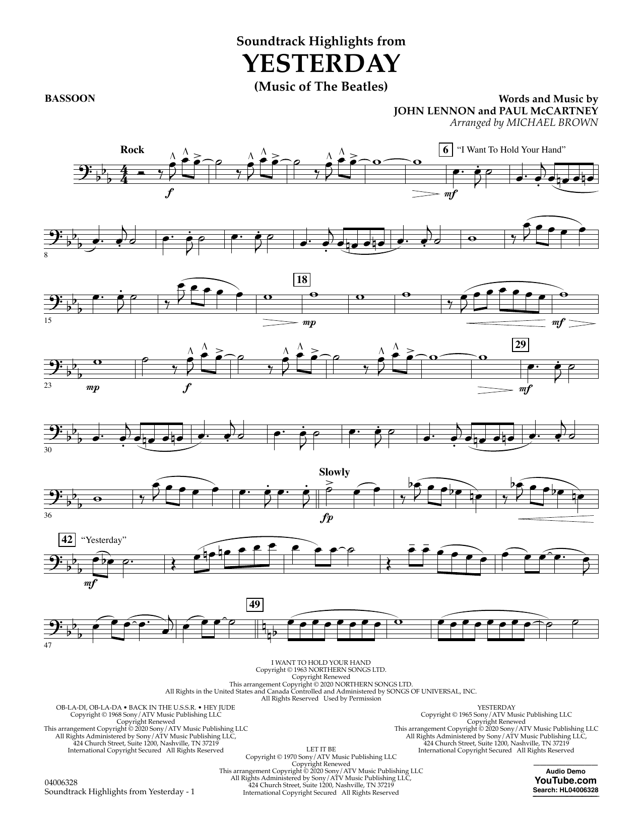 Download The Beatles Highlights from Yesterday (Music Of The Beatles) (arr. Michael Brown) - Bassoon Sheet Music and learn how to play Concert Band PDF digital score in minutes