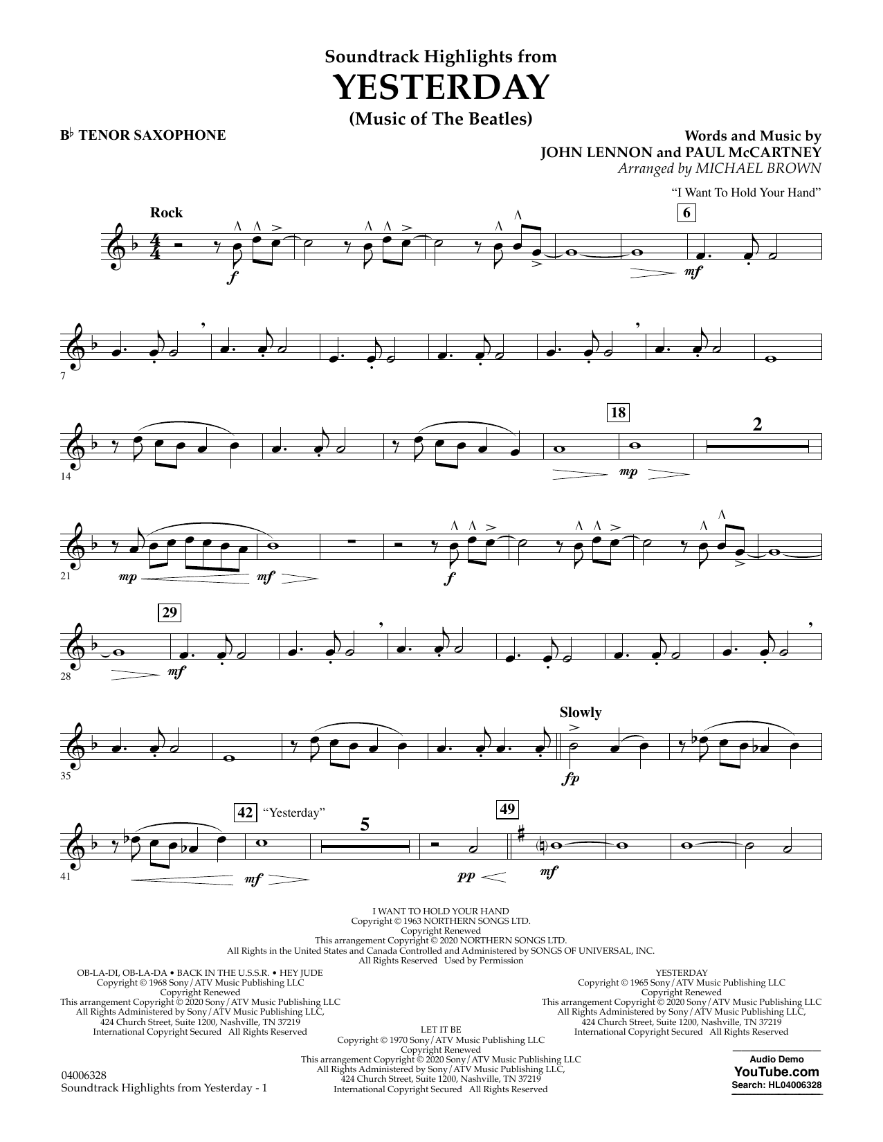 Download The Beatles Highlights from Yesterday (Music Of The Beatles) (arr. Michael Brown) - Bb Tenor Sheet Music and learn how to play Concert Band PDF digital score in minutes