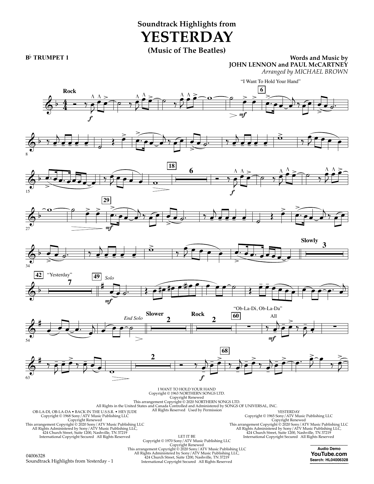 Download The Beatles Highlights from Yesterday (Music Of The Beatles) (arr. Michael Brown) - Bb Trump Sheet Music and learn how to play Concert Band PDF digital score in minutes