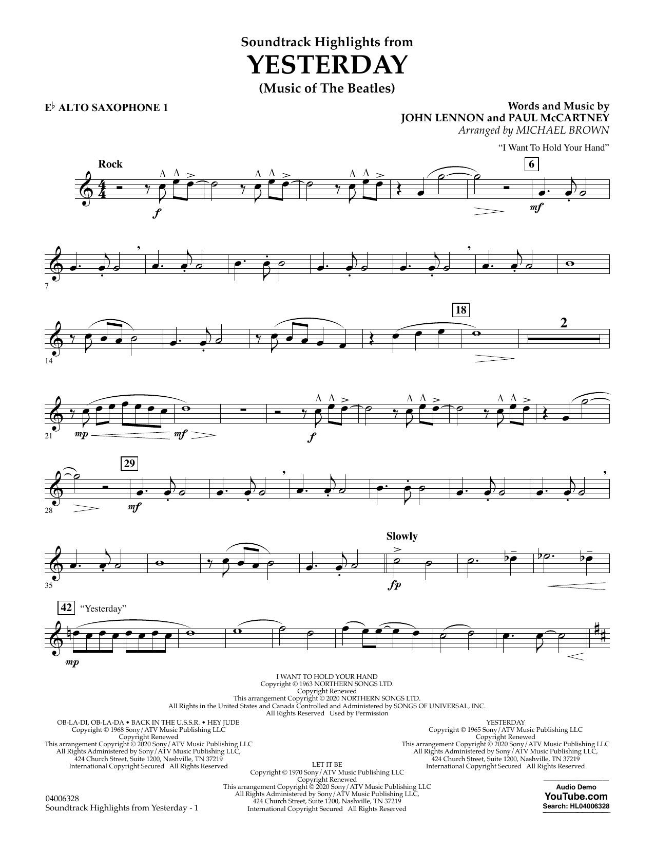 Download The Beatles Highlights from Yesterday (Music Of The Beatles) (arr. Michael Brown) - Eb Alto Sheet Music and learn how to play Concert Band PDF digital score in minutes