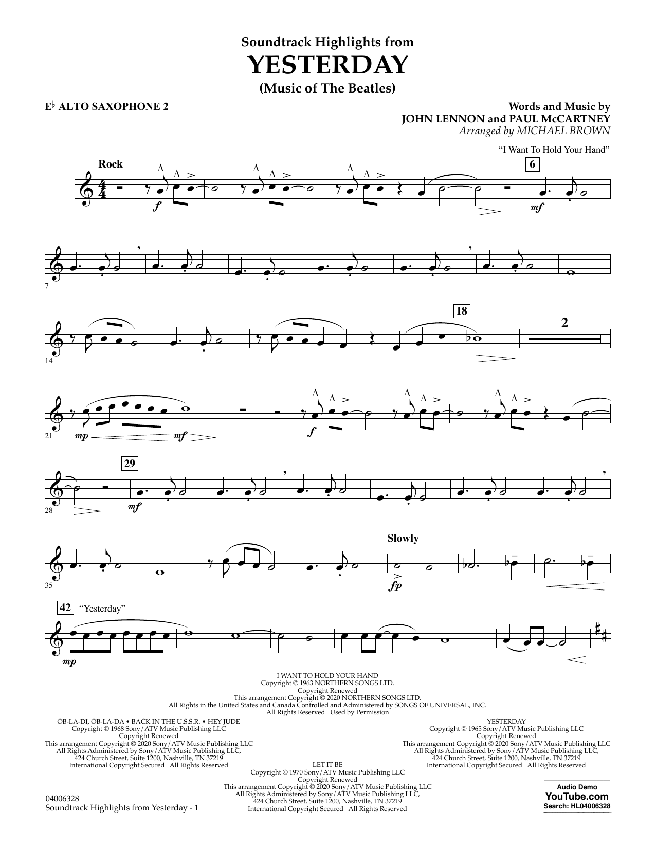 Download The Beatles Highlights from Yesterday (Music Of The Beatles) (arr. Michael Brown) - Eb Alto Sheet Music and learn how to play Concert Band PDF digital score in minutes